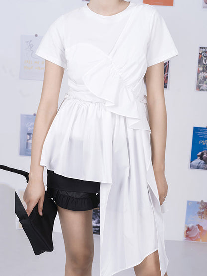 Fashion White Pleats Asymmetric Split-Joint Round-Neck T-Shirts Top
