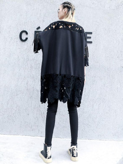 Lace&Tassel Split-joint Long T-shirt