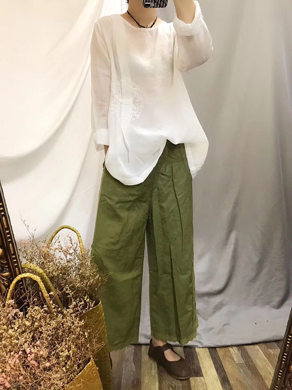 Vintage Ramie Cotton Embroidered Round-Neck T-Shirt Tops