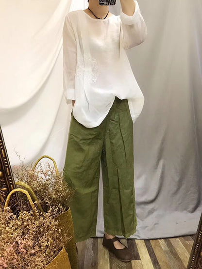 Vintage Ramie Cotton Embroidered Round-Neck T-Shirt Tops