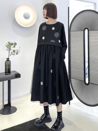 Stylish Split-Joint Pleated Polka-Dot Round-Neck Long Sleeves Midi Dress