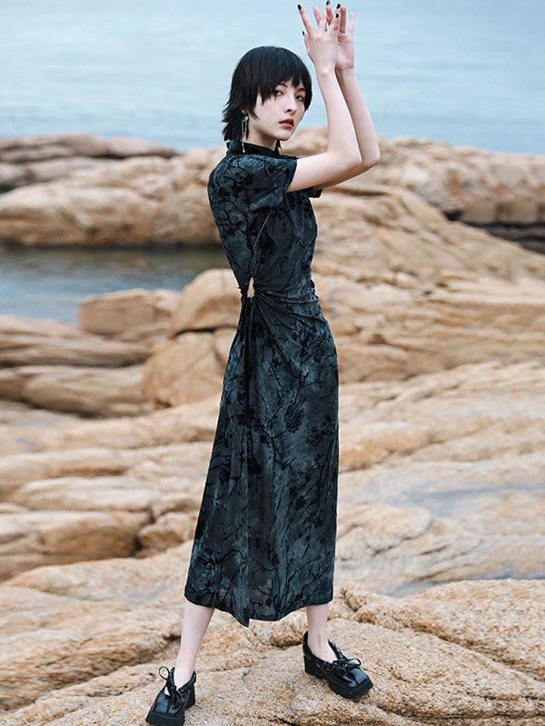 Vintage Tie-Dyed Buttoned Stand Collar Short Sleeves Cheongsam Dress