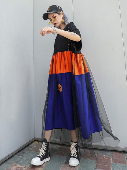 Loose Mesh Split-joint Short Sleeves Dress
