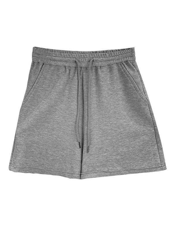 Casual Drawstring Elasticity Waist Solid Wide-Leg Shorts