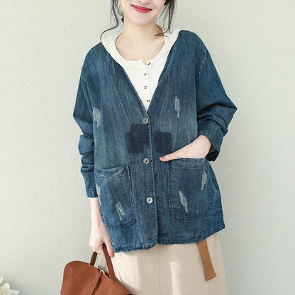 Buykud Solid Color Frayed V-Neck Denim Coat