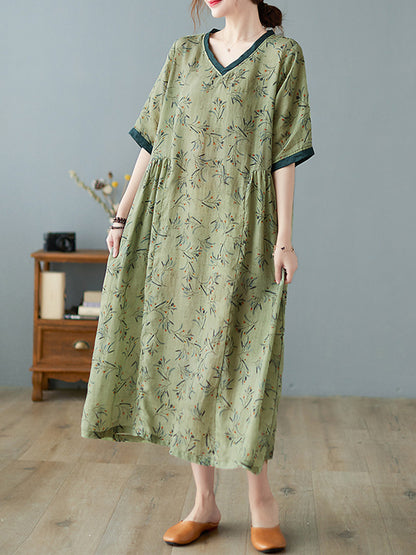 Artistic Retro Contrast Color Floral Printed Midi Dress