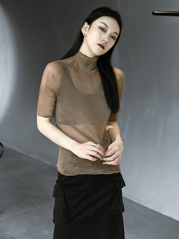 Original Solid Color High-Neck Long Sleeve See-Through T-Shirts Tops