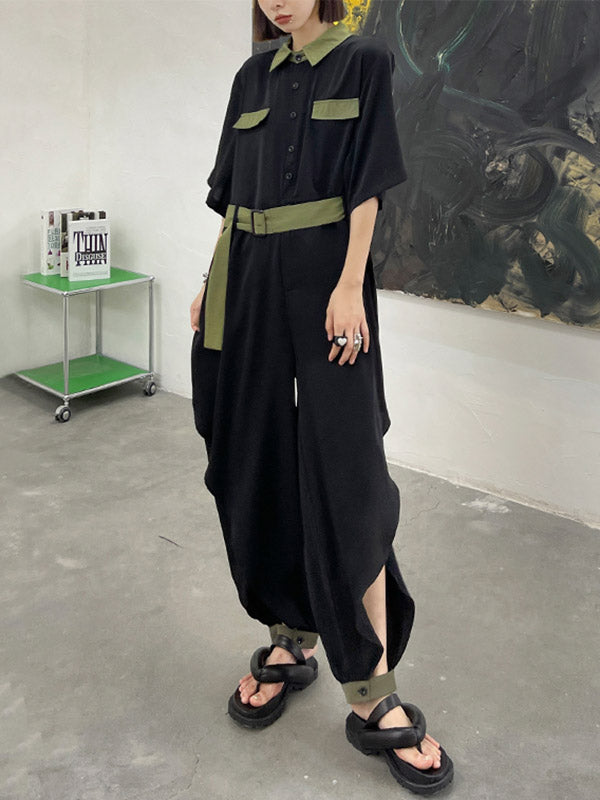 Stylish Belted Polo Collar Half Sleeve High-Waisted Jumpsuits