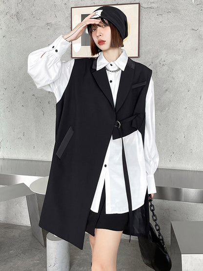 Cool Irregular Solid Color Split-Joint With Pocket Tied Notched Collar Sleeveless Vest Outwear