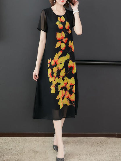 Chiffon Loose Leaves Print Dress