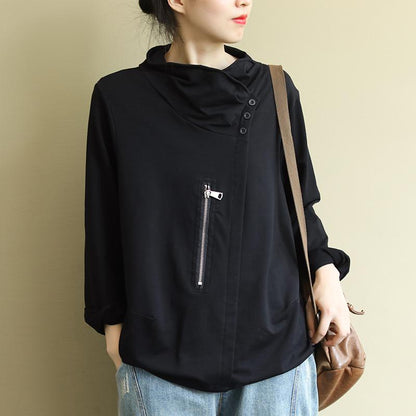 Buykud Solid Color Casual Zipper Long Sleeve Blouse