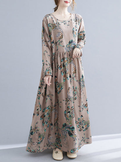 Vintage Ramie Cotton Floral Printed Round-Neck Long Sleeves Loose Maxi Dress