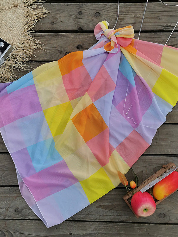Three Pieces Falbala Color-Block One Shoulder Bikini Swimsuit