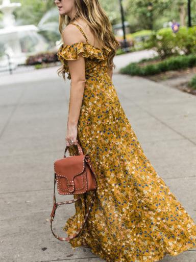 Spaghetti-neck Falbala Floral Maxi Dress