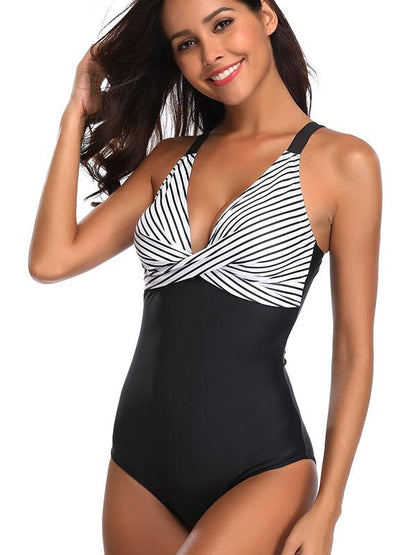 Twist Stripe Contrast One Piece Swimsuit