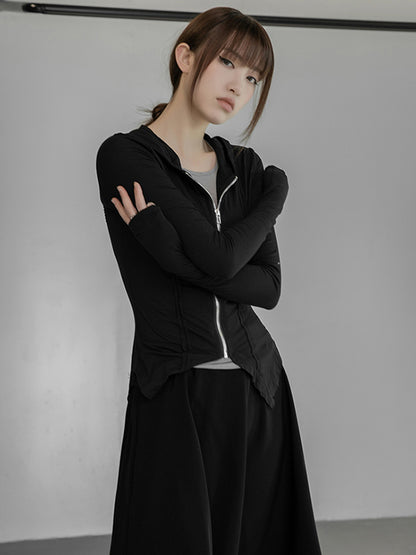 Simple Solid Color Hooded Long Sleeves Zipper Outerwear