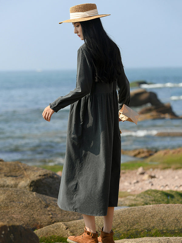 Vintage A-Line Loose Embroidered Stand Collar Midi Dresses