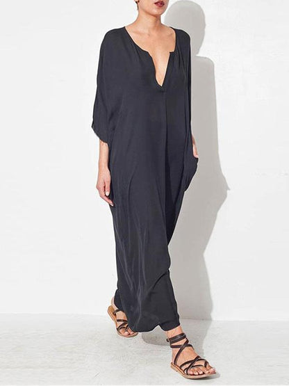 Loose Navy-blue V-neck Half-sleeves Long Dress