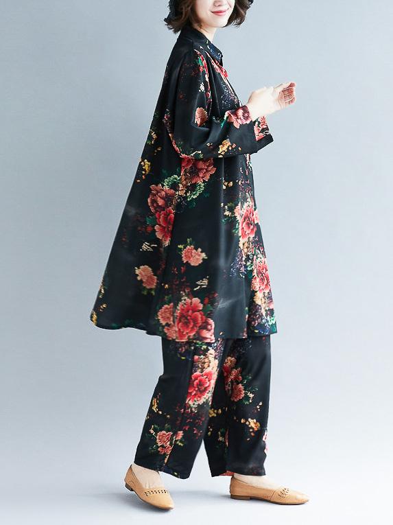 Loose Black Flower Print Lapel Long Sleeves Blouse + Pants Suits