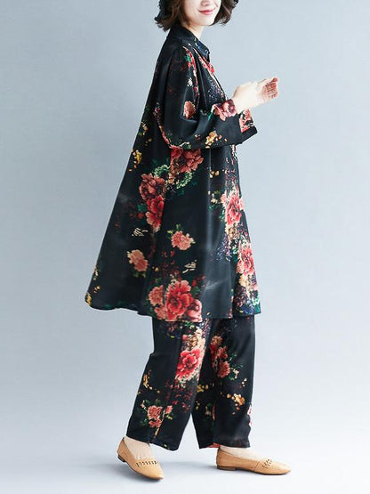 Loose Black Flower Print Lapel Long Sleeves Blouse + Pants Suits