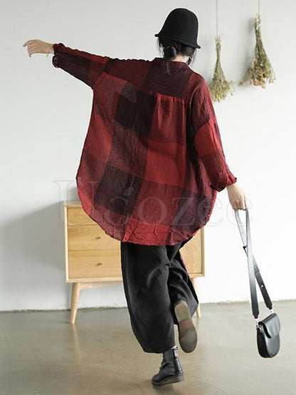 Retro Linen Plaid Long Shirt