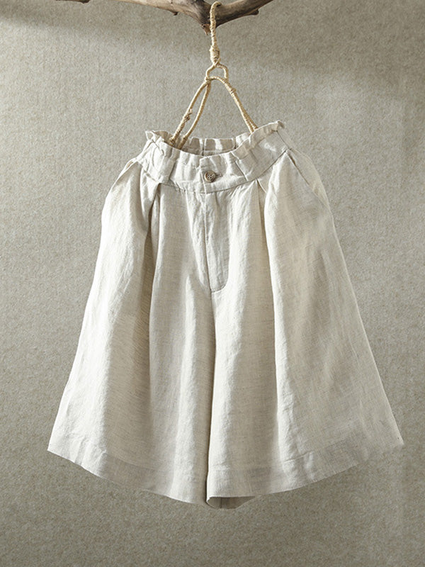 Casual Linen Solid Color Elasticity Waist Wide Leg Shorts