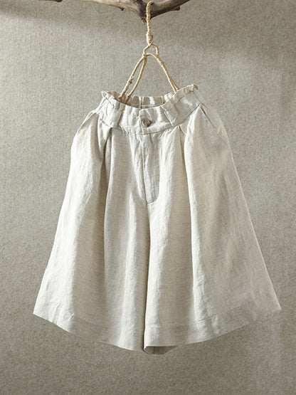 Casual Linen Solid Color Elasticity Waist Wide Leg Shorts