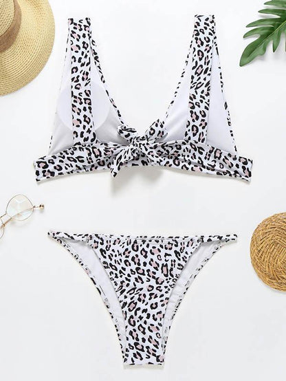 Snake-Print Deep V-Neck Split Bikini Swimsuit
