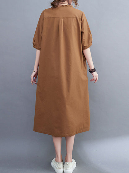 Simple Casual Artistic Retro Loose Solid Color Falbala Ramie Cotton Midi Dress