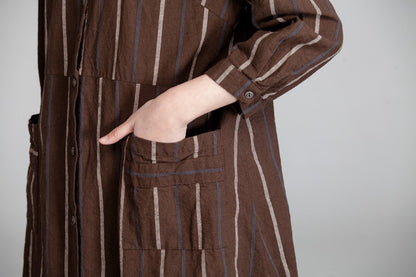 Cotton Women Splicing Casual Linen Loose Stripe Pocket Dress