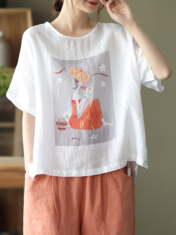 Ramie Cotton Printing Round-Neck T-Shirts Tops