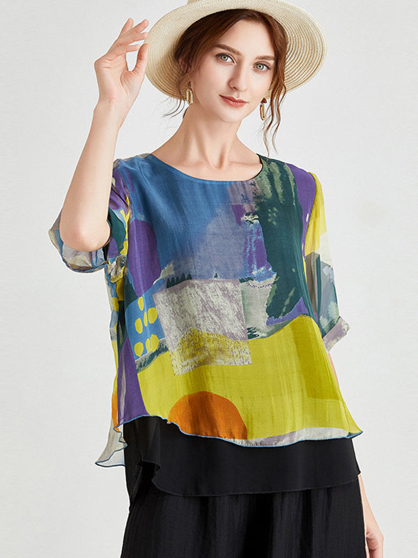 Original Silk Printed Contrast Color T-Shirt Top