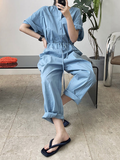Urban Drawstring Elastic High Waisted Short Sleeves Wide Leg Jumpsuits