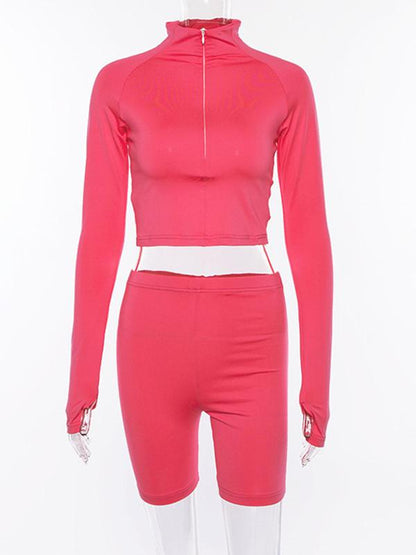 Solid Zipper Long Sleeves Jacket And Shorts Sports Suits