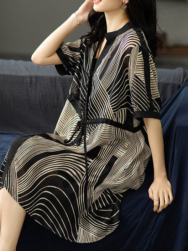 Original Irregular Striped Buttoned Tied V-Neck Half Sleeves Mini Dress