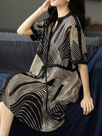 Original Irregular Striped Buttoned Tied V-Neck Half Sleeves Mini Dress
