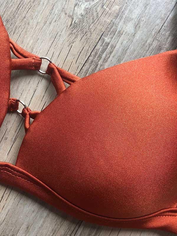 Solid Color Bandage Hollow Split Bikini Swimsuit