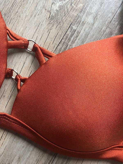 Solid Color Bandage Hollow Split Bikini Swimsuit