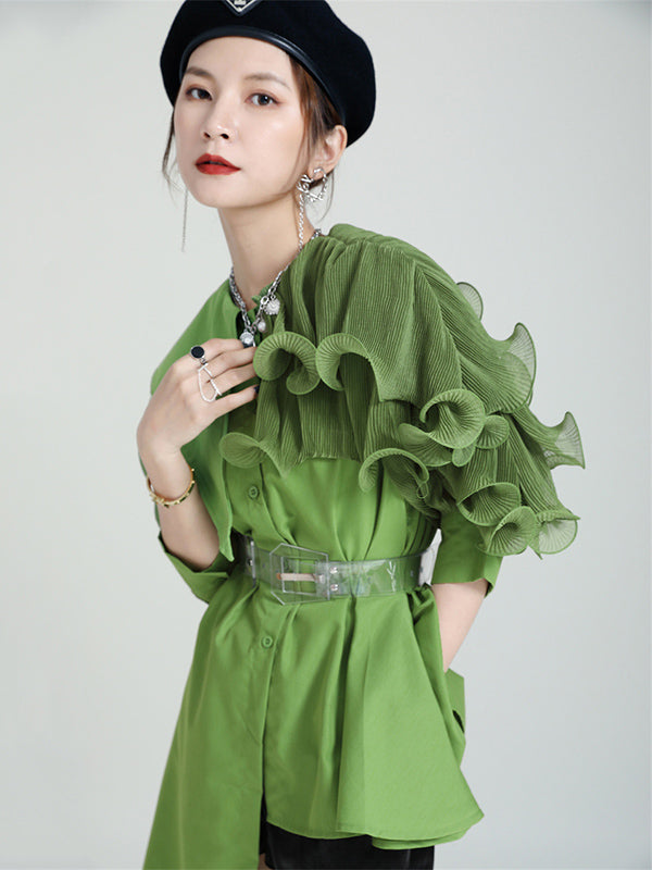 Stylish Irregular 4 Colors Split-Joint Pleated Mesh Falbala Buttoned Lapel Collar Bishop Sleeves Blouse