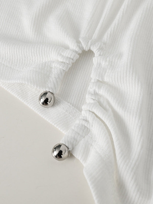 Original Casual Solid Color Pleated Skinny T-Shirt Top