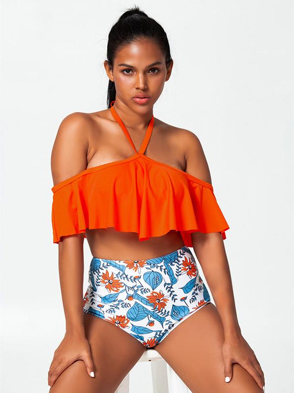Sexy Bare Shoulders Flounces Split Bikini Swimsuit