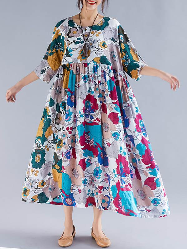 Plus Size Flower Print Round-neck Ramie Long Dress
