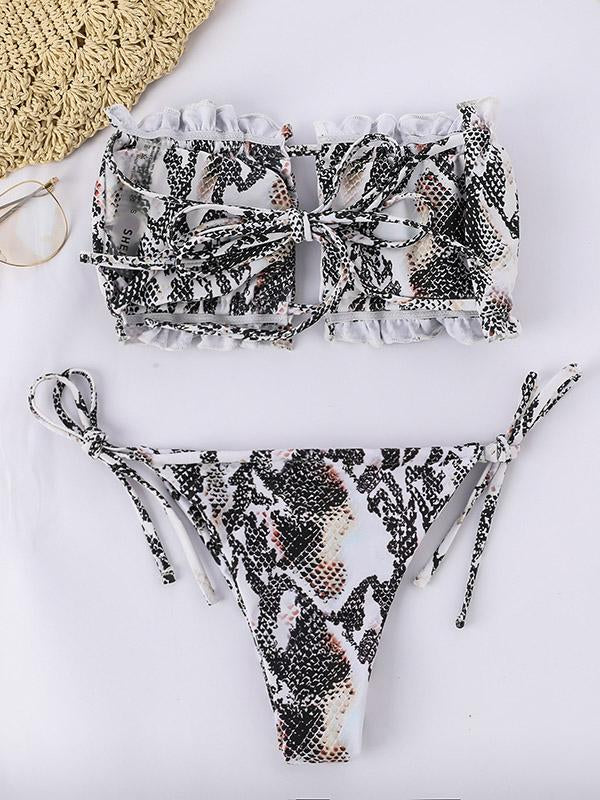 Snake-Print Bandage Bandeau Bikini Swimsuit