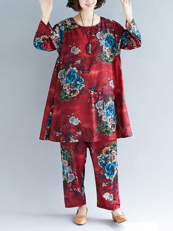 Loose Flower Print Round-neck T-shirt+Pants Suits