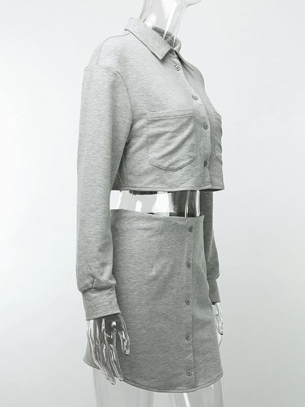 Solid Lapel Sweatshirt&Skirt Sports Suits