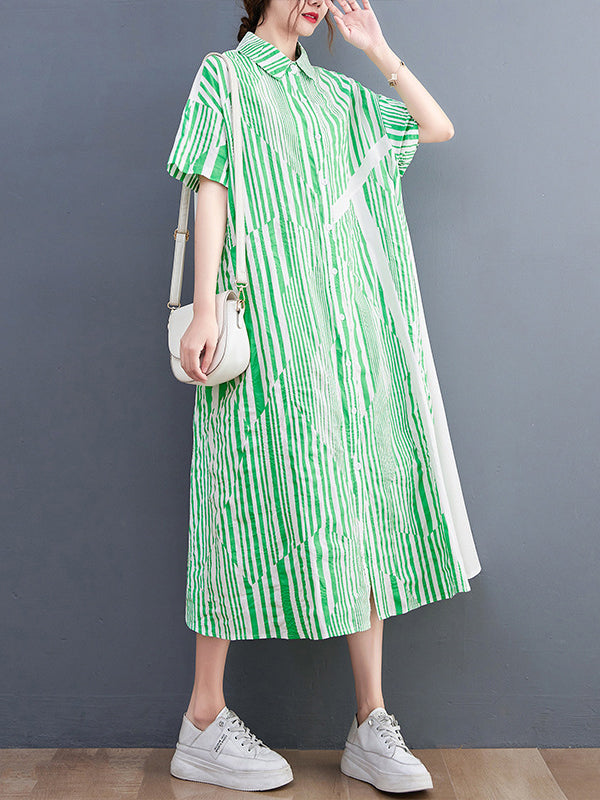 Artistic Retro Loose Striped Contrast Color Midi Shirt Dress
