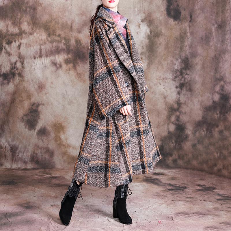 Buykud Tailored Collar Plaid Fashion Casual Trench Coat