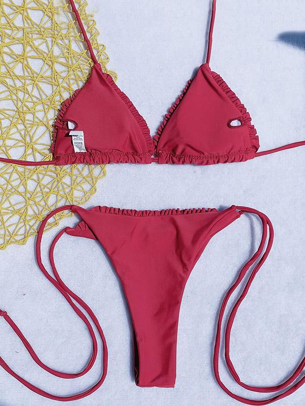 Solid Color  Triangle Ruffled Split Bikini Swimsuit