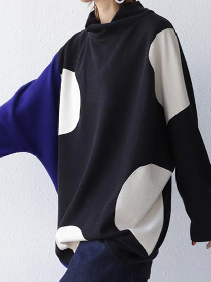 Original Casual Loose Split-Joint Color Matching Polka-Dot High-Neck Long Sleeves T-Shirt Tops