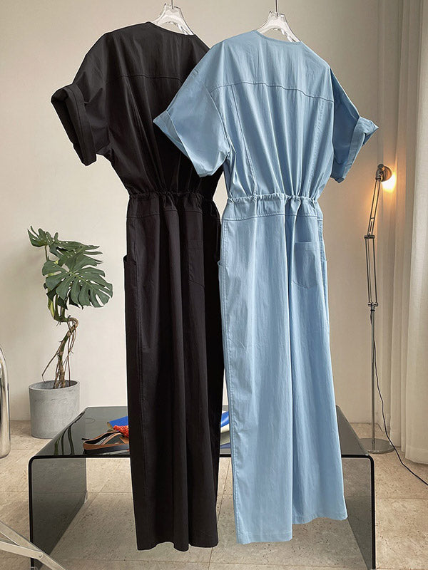 Urban Drawstring Elastic High Waisted Short Sleeves Wide Leg Jumpsuits